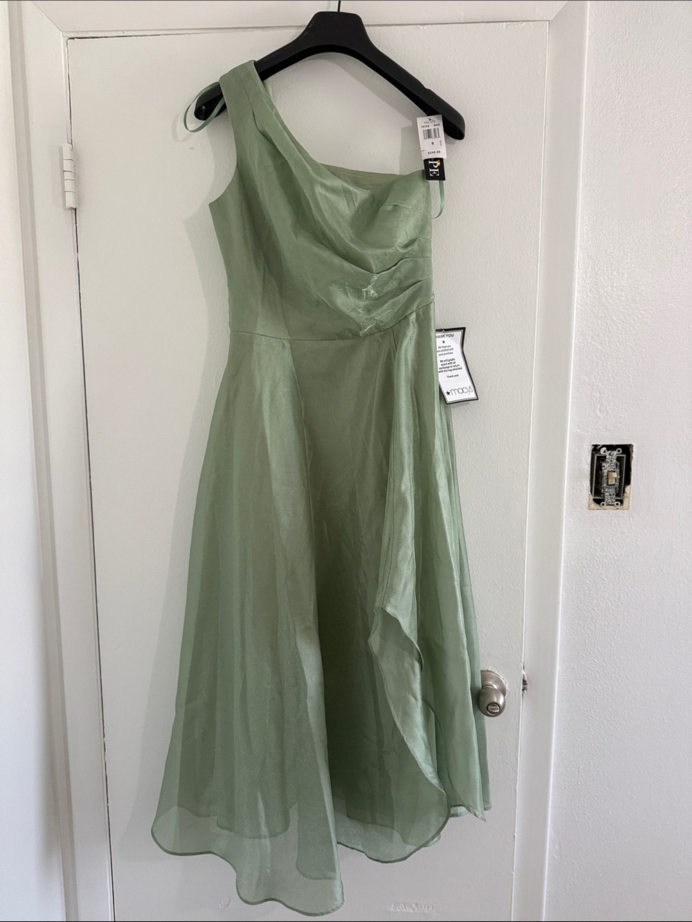 Xscape One-Shoulder Sage Green Chiffon Midi Dress